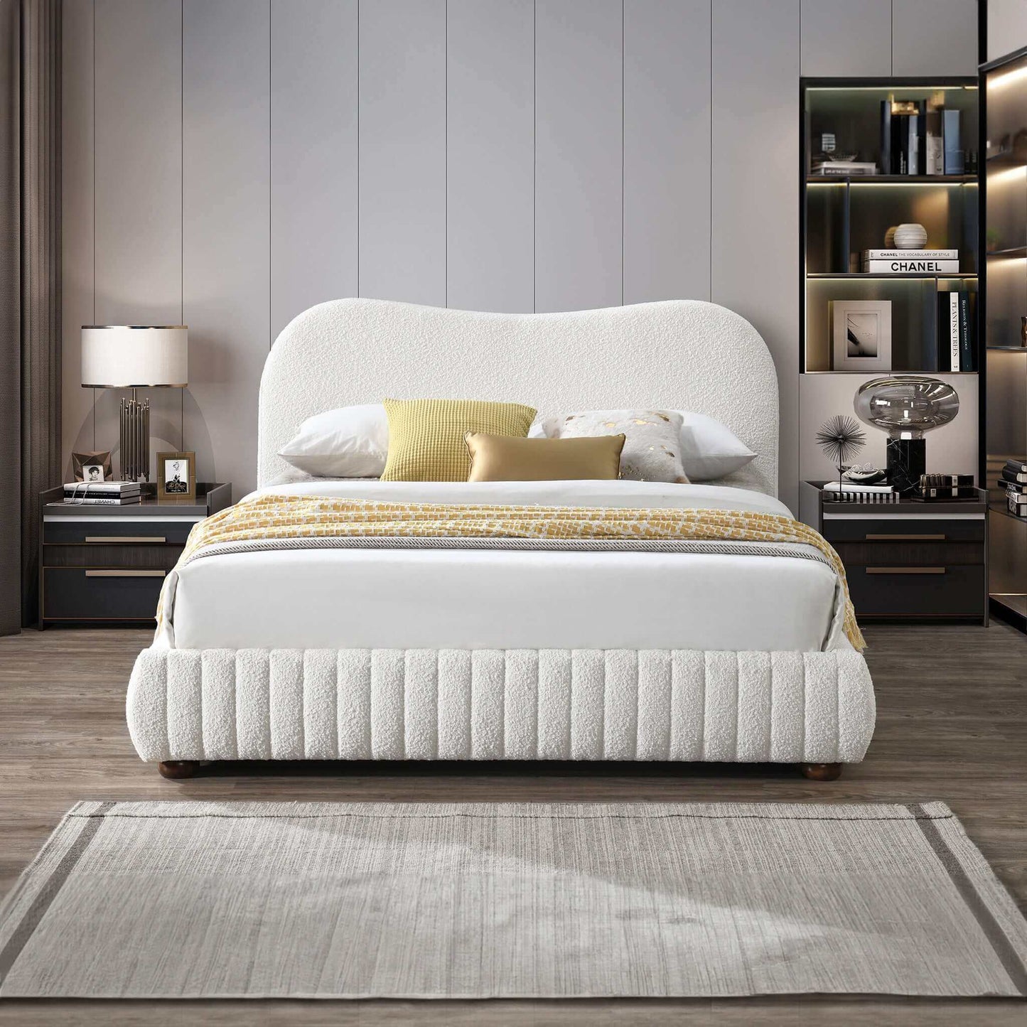 Norme Boucle Upholstered Low Profile Queen Size Platform Bed in Cream Boucle Fabric