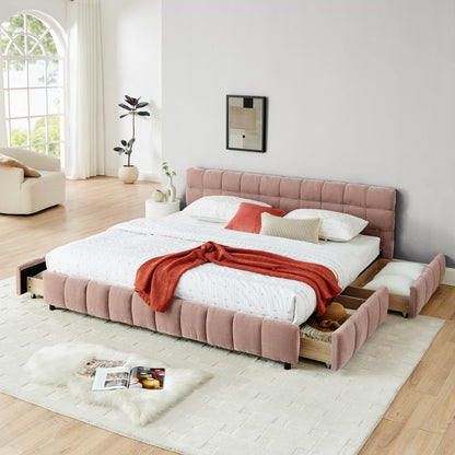 Modern King Size Upholstered Bed with Headboard and Storage Drawer in Pink Chenille Fabric