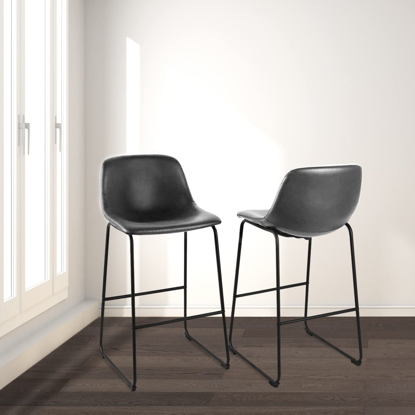 Industrial Grey PU Leather Bar Stools with Back (Set/2)