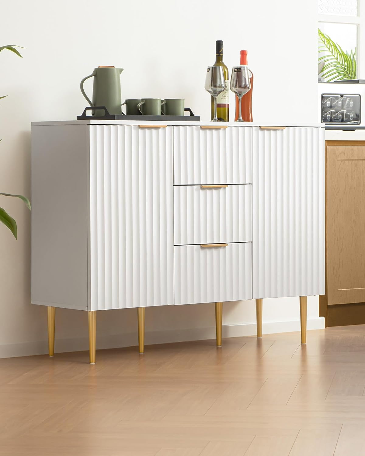 White Sideboard Cabinet with 3 Drawers, Glossy Fluted Buffet Storage
