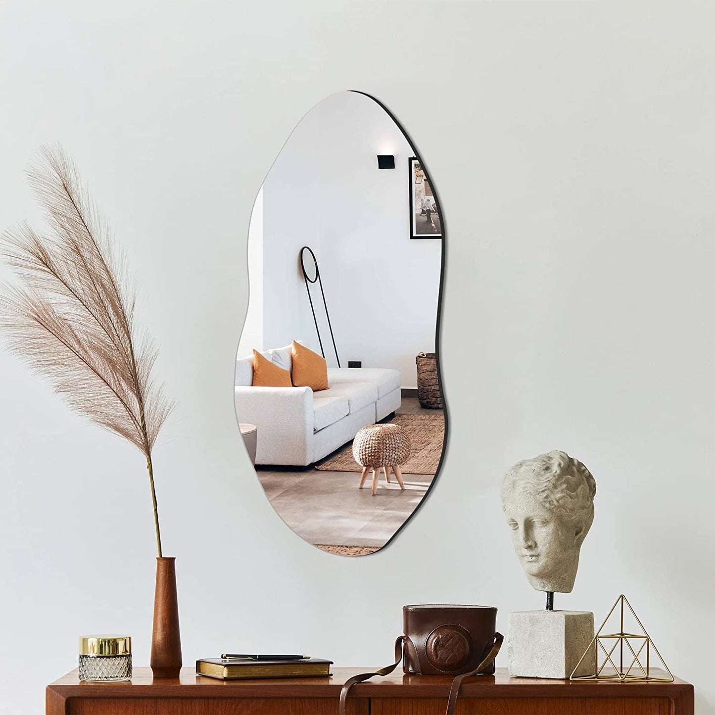 Asymmetrical Frameless Wall Mirror with Hooks for Entryway, Bedroom,