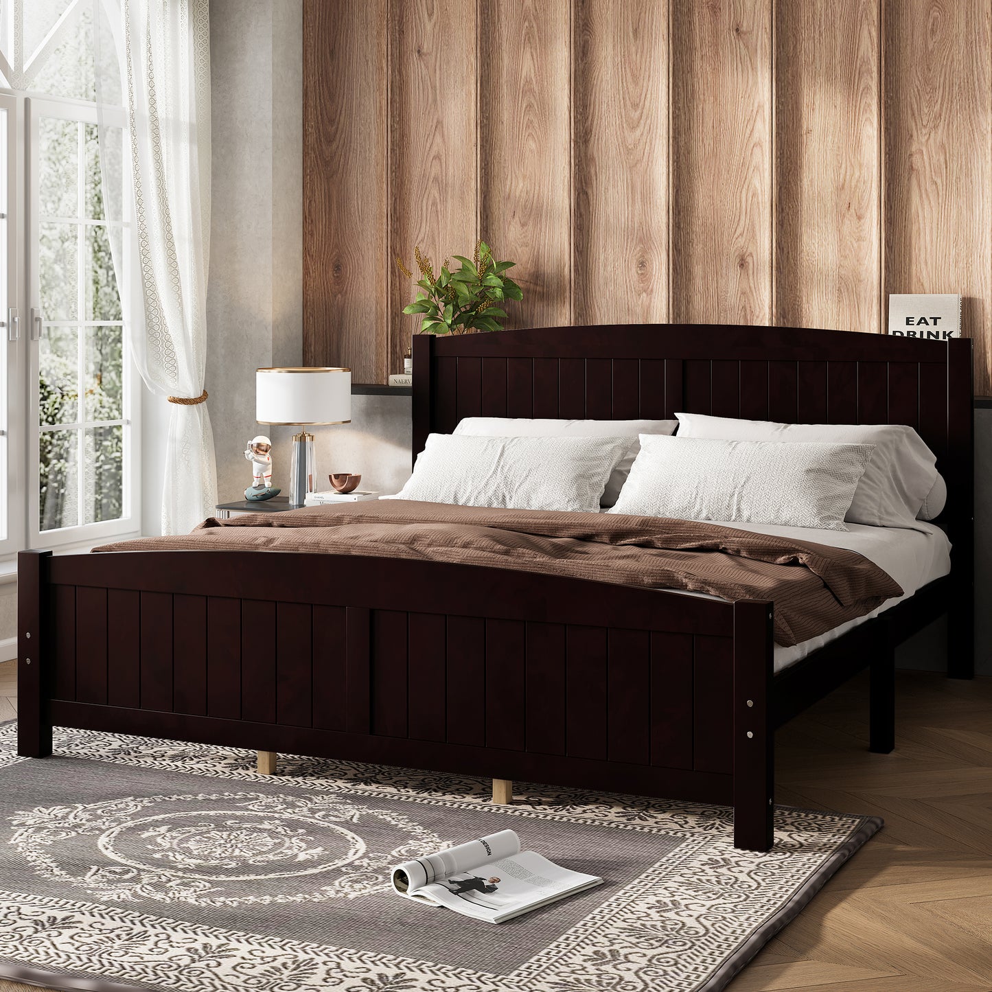 King Size Platform Bed, Solid Wood Platform Bed with Support Slats and Strong Structure, No Box Spring Needed, Espresso