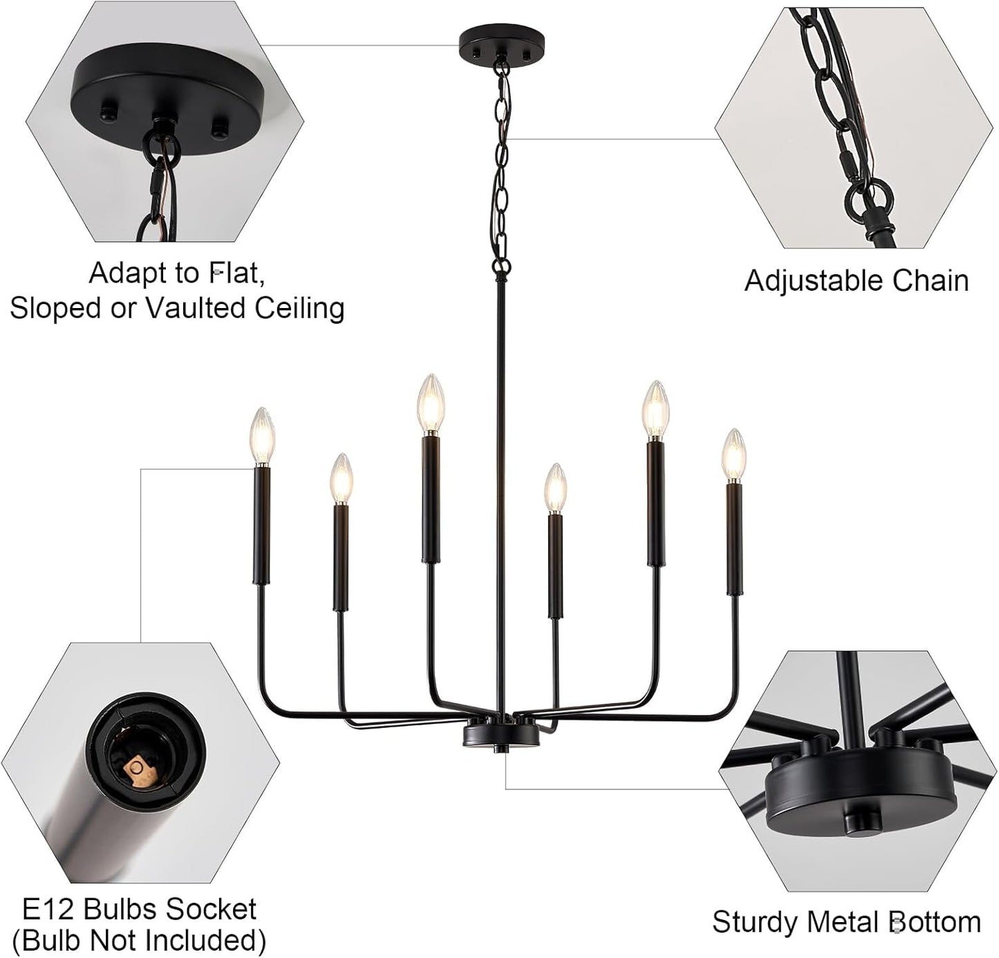 Modern Black Chandelier for Dining Room,Metal 6-Light Kitchen Light