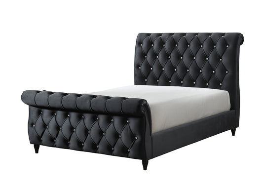 1pc King Panel Bed Deep Button Tufts Diamond-stitched Pattern Curve Headboard Footboard Bedroom Furniture Black