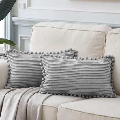 Fancy Homi Dark Gray Decorative Throw Pillow Covers 18X18 Inch with Pom Poms, Boho Farmhouse Home Decor, Soft Corduroy Accent Square Cushion Case for Living Room Couch Bed Sofa 45X45 Cm
