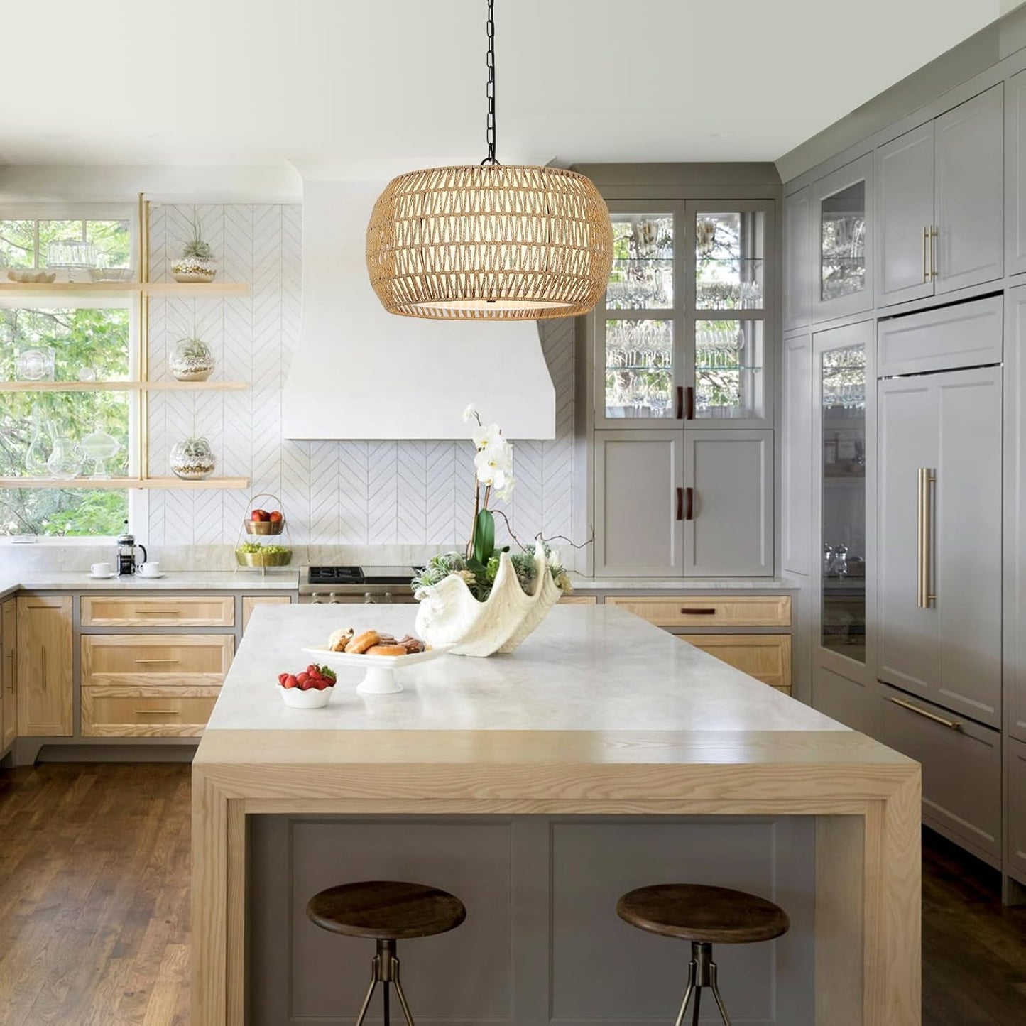 Rattan Farmhouse Chandelier Light Fixtures, 5-Lights Boho Large