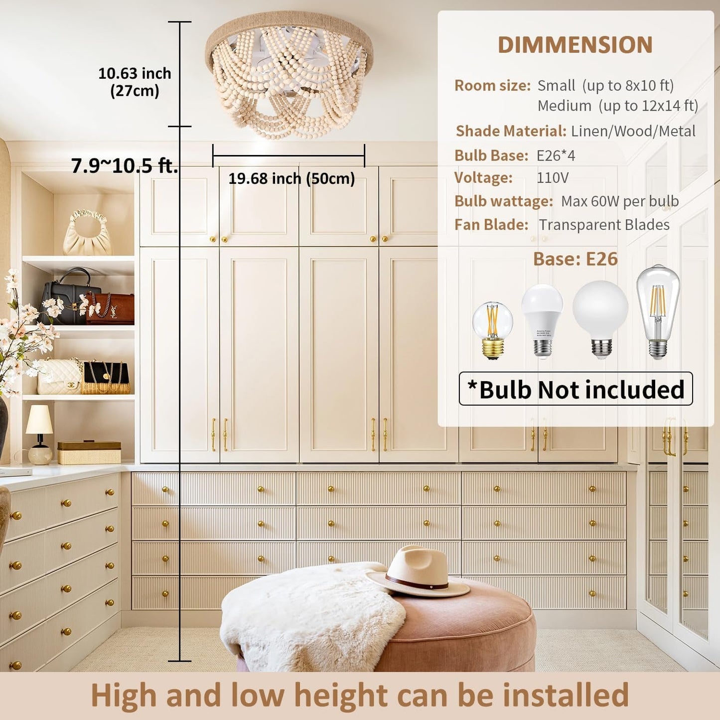 20" Boho Ceiling Fan with Light, Coastal Fandelier Ceiling Fans with