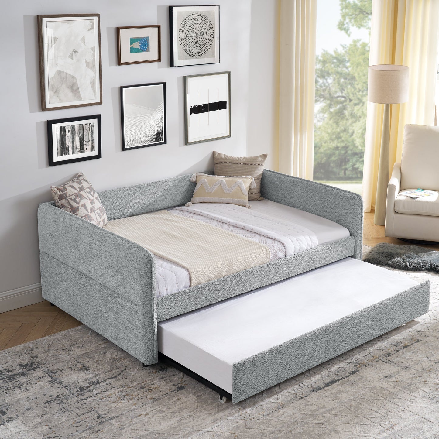 Upholstered Tufted Daybed Sofa Bed with Trundle and Convertible Design