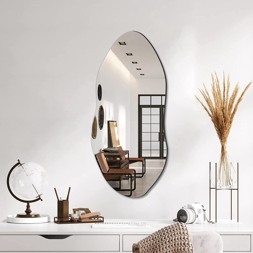 Asymmetrical Frameless Wall Mirror with Hooks for Entryway, Bedroom,