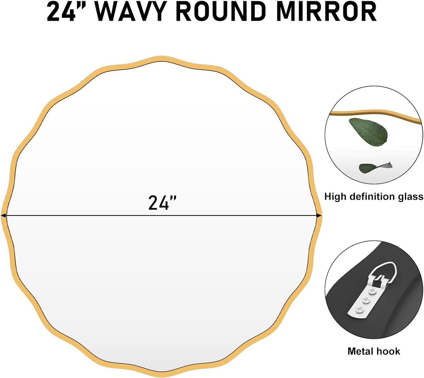 Gold round Mirror for Wall Decorative 24 Inch Modern Wavy Mirror Whit