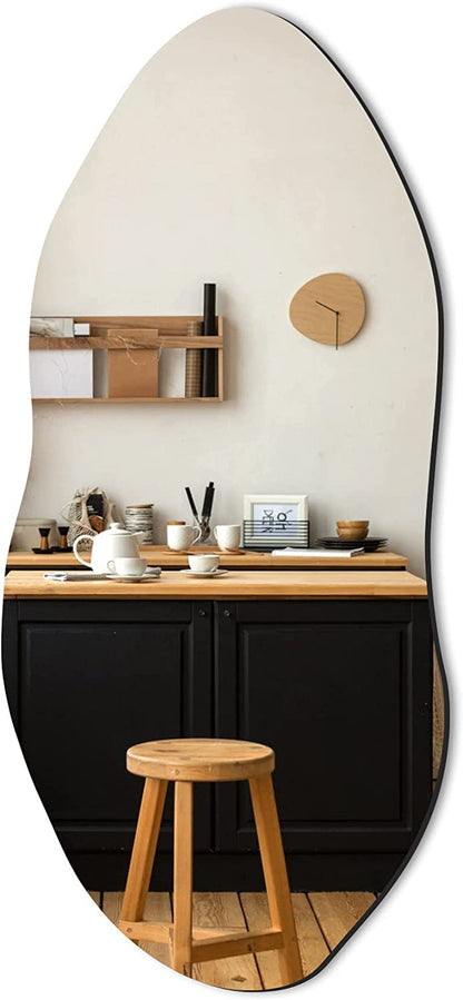 Asymmetrical Frameless Wall Mirror with Hooks for Entryway, Bedroom,