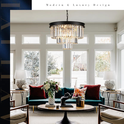 Black Crystal Chandeliers Modern round Chandeliers 20" Dimmable 9 Lights Ceiling Pendant Light Fixtures 3 Tiers Luxury Raindrop for Living Room Dining Room Bedroom Foyer