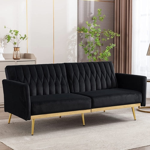 Black Velvet Convertible Sofa Bed with Metal Legs