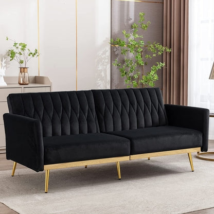 Black Velvet Convertible Sofa Bed with Metal Legs