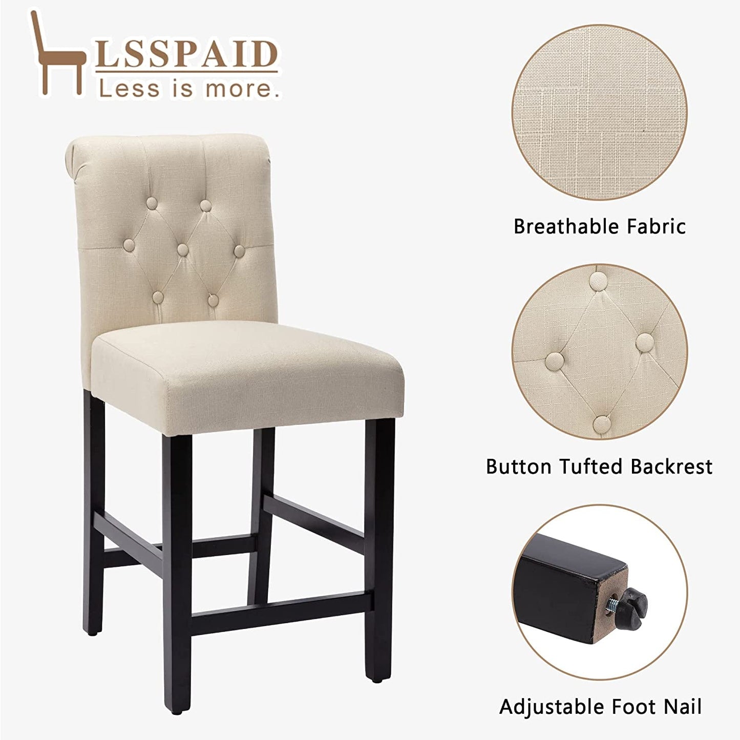 Fabric Counter Height Bar Stools with Solid Wood Legs, Set of 2