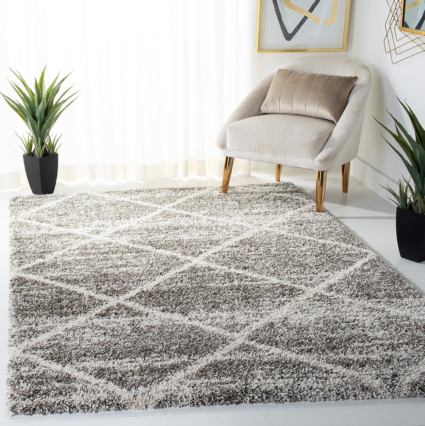 SAFAVIEH Hudson Shag Collection Area Rug - 7' Square, Beige & Ivory, Modern Trellis Design, Non-Shedding & Easy Care, 2-Inch Thick Ideal for High Traffic Areas in Living Room, Bedroom (SGH281S)