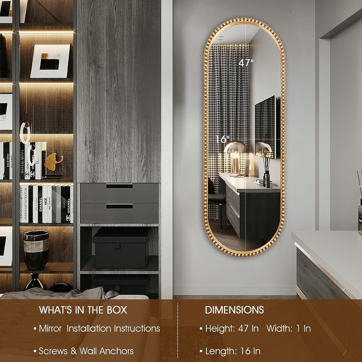 Elegant Antique Gold Oval Full Length Mirror - 16X47 Metal Beaded