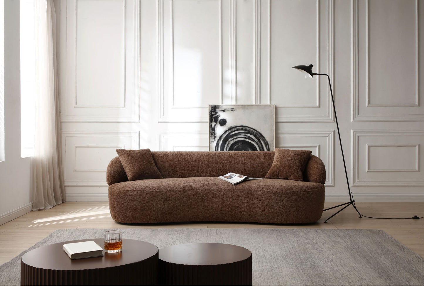 Borwn Mid Century Modern Curved Sofa, 3 Seat Cloud couch Boucle sofa