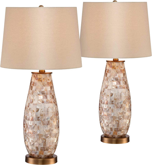 Regency Hill Kylie Country Cottage Coastal Table Lamps 26.5" High Set of 2 Mother of Pearl Tile Vase Beige Fabric Drum Shade Decor for Living Room Bedroom House Bedside Nightstand Home