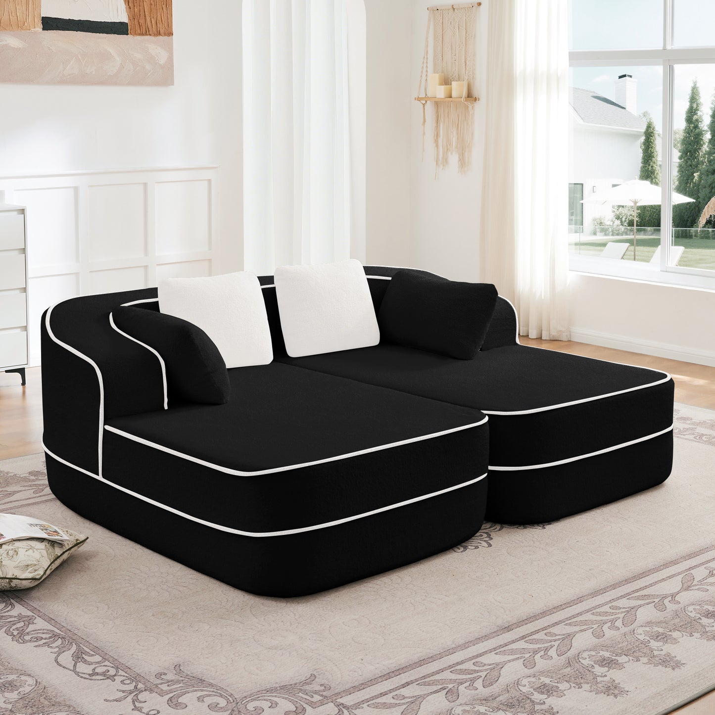77.2' Teddy Fabric No Assembly  32D High Density sponge Boneless Sofa,Fluffy Comfy Couch with double Chaises,Sleeper sofa,Contrast color design,Symmetrical aesthetics,for Living Room,Black