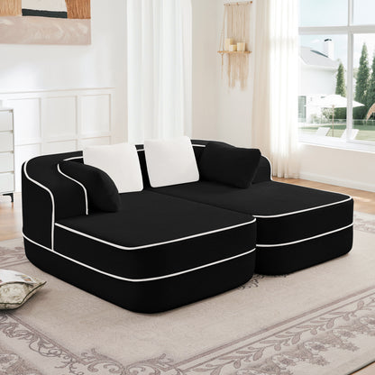 77.2' Teddy Fabric No Assembly  32D High Density sponge Boneless Sofa,Fluffy Comfy Couch with double Chaises,Sleeper sofa,Contrast color design,Symmetrical aesthetics,for Living Room,Black