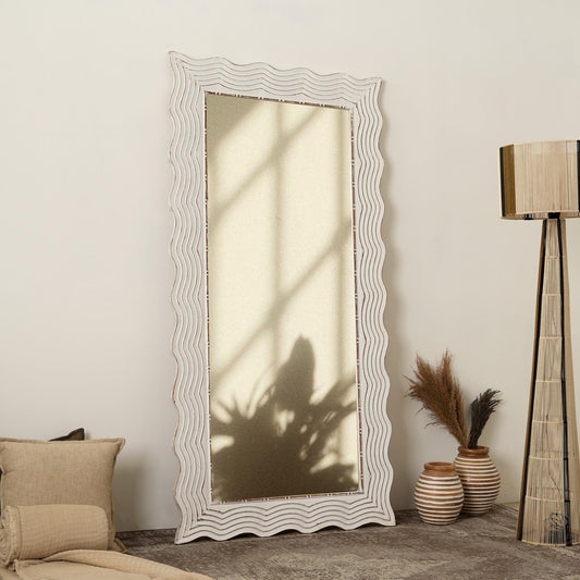 Rustic White Solid Wood Handcarved Wave Design Rectangle Mirror Accent - Enhancing Space & Light - Antique White - 36' x 72'