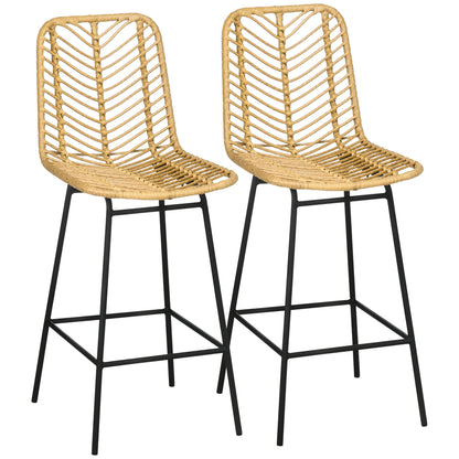 HOMCOM Rattan Bar Stools Set of 2, 26' Counter Height Barstools, Boho Kitchen Island Stools with Breathable Wicker Seat and Back, Yellow