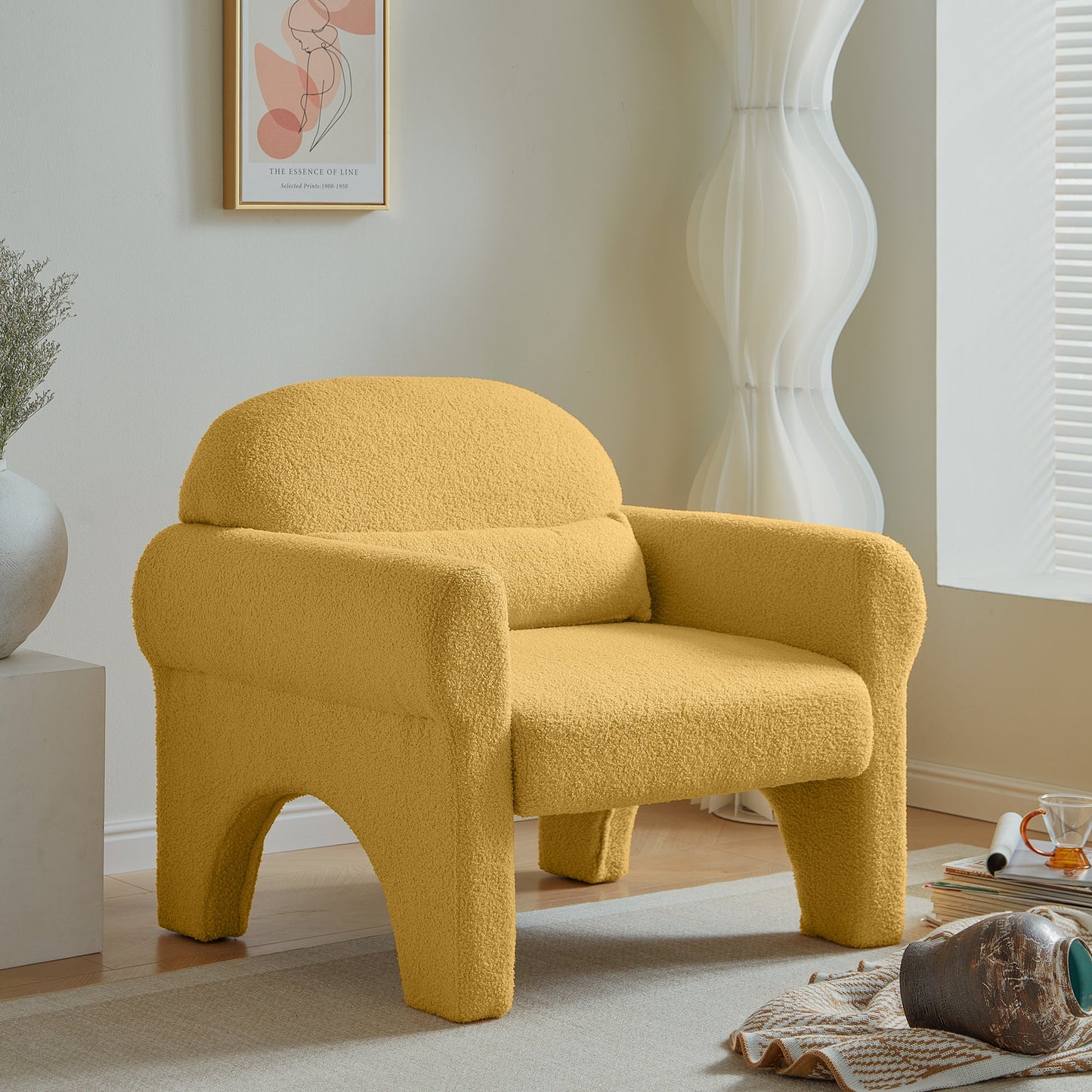 Modern Boucle Accent Chair with Lumbar Pillow for Living Room Seating & Decor