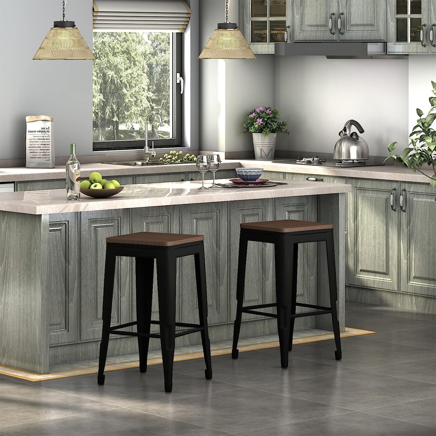 Square Metal Bar Stool Stackable Set of 2