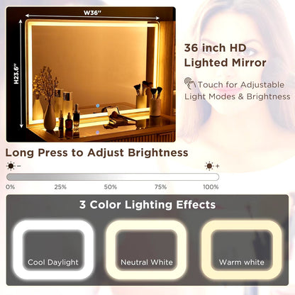 48" Modern Fluted Makeup Vanity Desk with Large 36" Mirror & Lights,