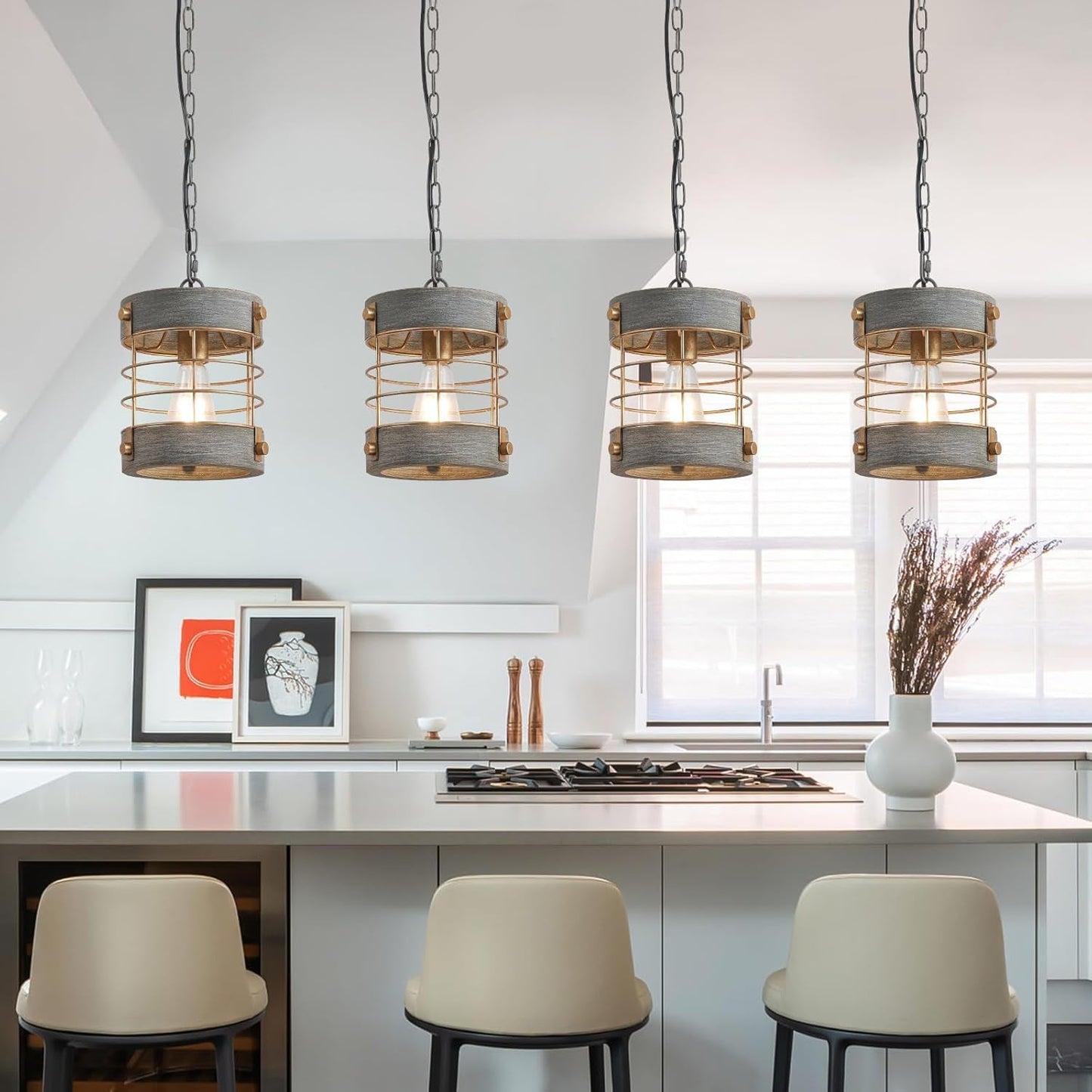 Farmhouse Pendant Light, Adjustable Metal and Wood Chandelier Light