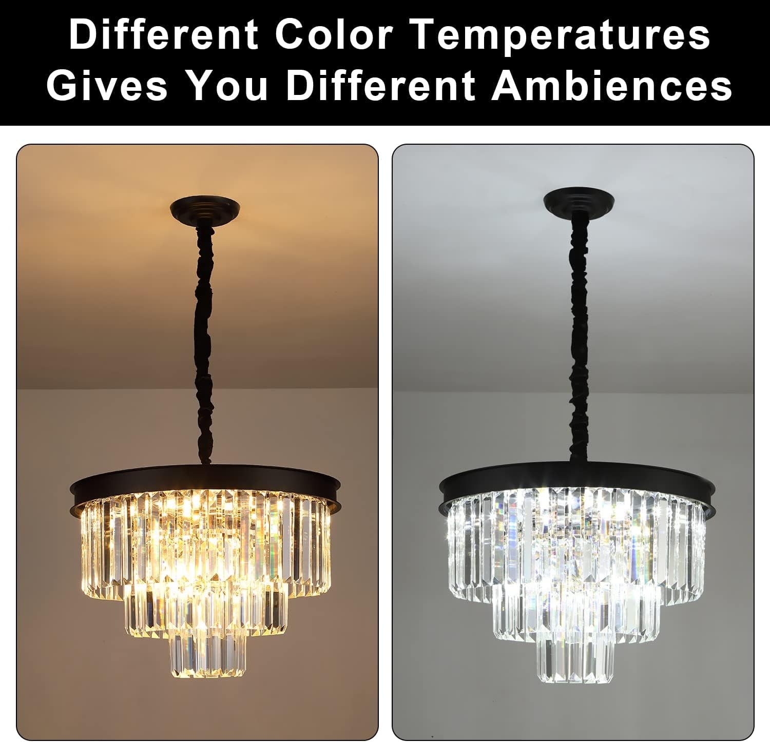 Black Crystal Chandeliers Modern round Chandeliers 20" Dimmable 9 Lights Ceiling Pendant Light Fixtures 3 Tiers Luxury Raindrop for Living Room Dining Room Bedroom Foyer