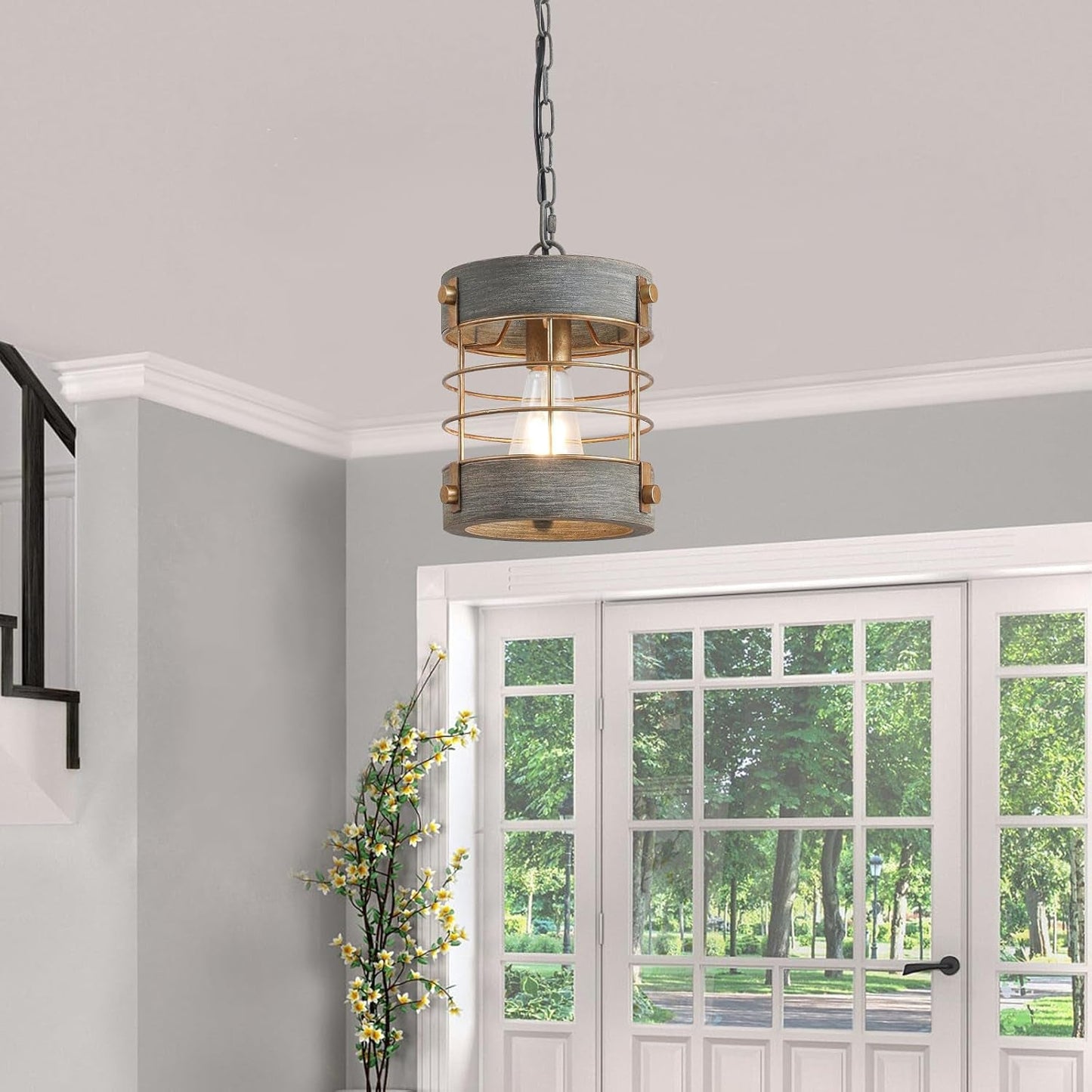 Farmhouse Pendant Light, Adjustable Metal and Wood Chandelier Light