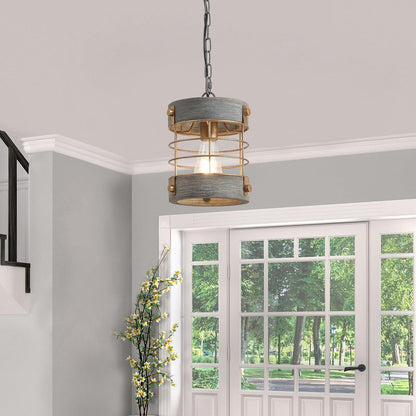 Farmhouse Pendant Light, Adjustable Metal and Wood Chandelier Light