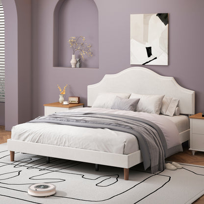 King Size Bed Frame Upholstered Platform Bed with Adjustable Headboard,Linen Fabric Padded,Modern Simple Style Platform Bed No Box Spring Needed, Easy Assembly, White
