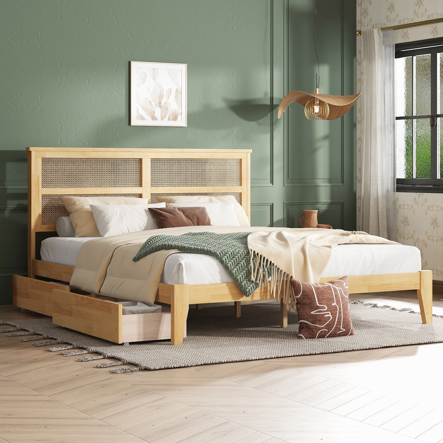 King Size Bed with Rattan Headboard, Two Storage Drawers, Rubber Wood Bed with Enhanced Support Slats and Feet,White Oak