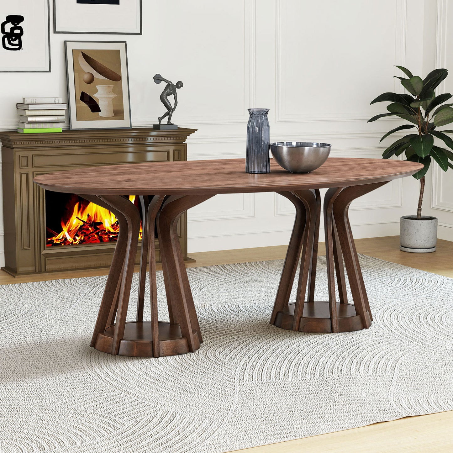 78.74 Inch Modern Dining Table Ellipse Wooden Table for Living Room,Oval MDF Table with Sturdy Pedestal for Restaurant,Walnut