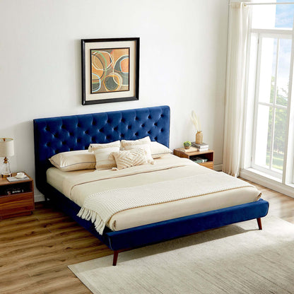 Dillon Blue Velvet Platform Bed (Queen Size)