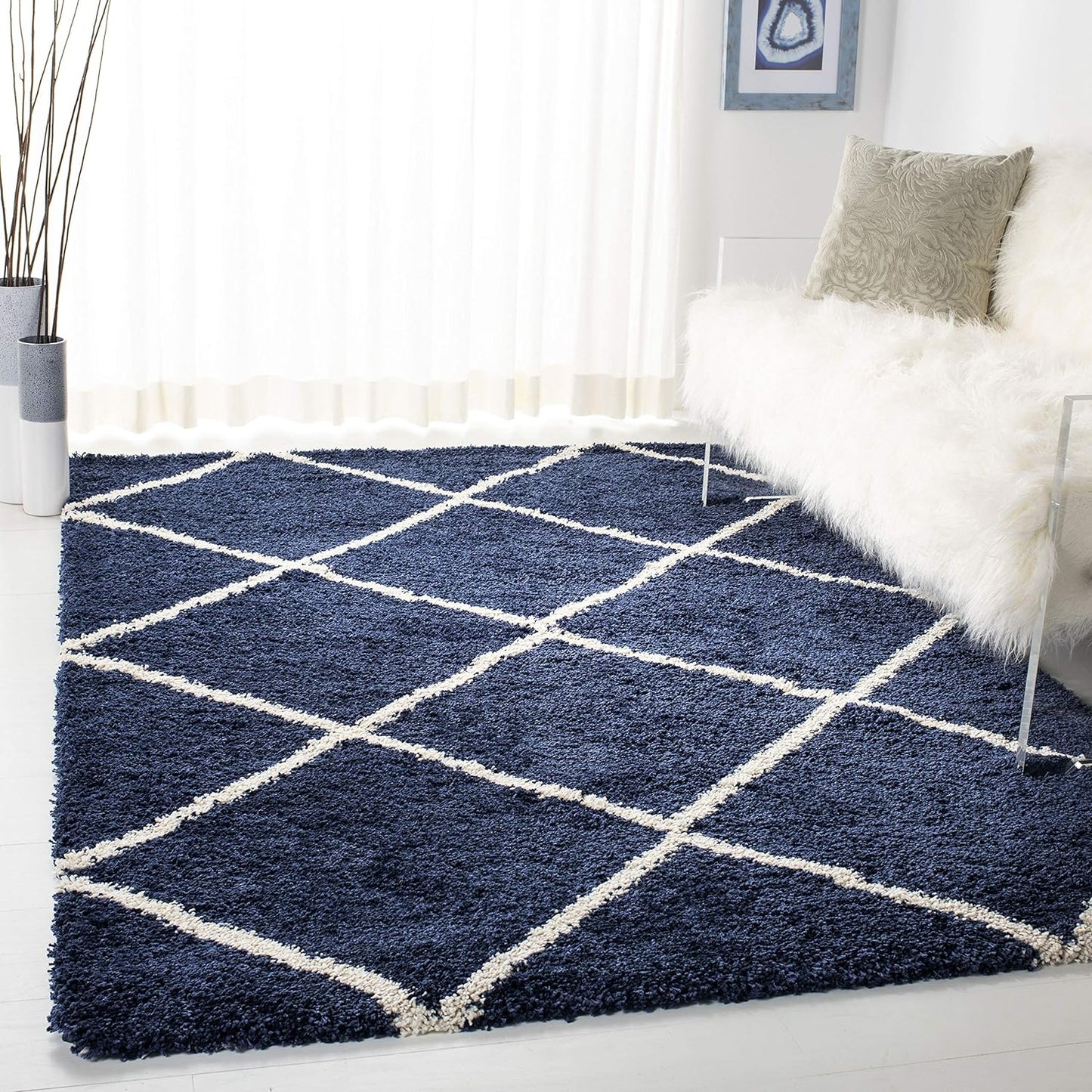 SAFAVIEH Hudson Shag Collection Area Rug - 7' Square, Beige & Ivory, Modern Trellis Design, Non-Shedding & Easy Care, 2-Inch Thick Ideal for High Traffic Areas in Living Room, Bedroom (SGH281S)