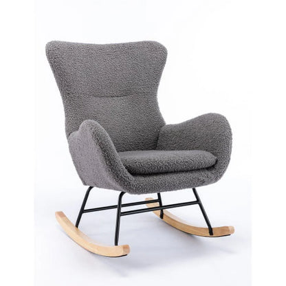 Teddy Rocking Chair, Comfy Armchair with High Backrest and Armrests, Modern Upholstered Accent Glider Rocker Armchair with Solid Wood Legs for Living Room, Bedroom,Gray