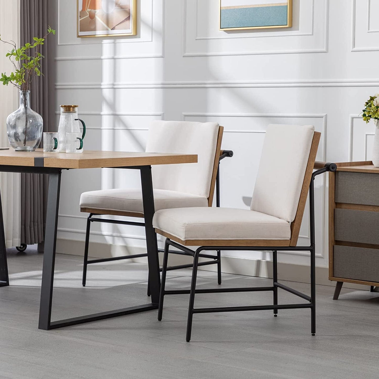 Mid Century Linen Dining Chairs Set of 2, White