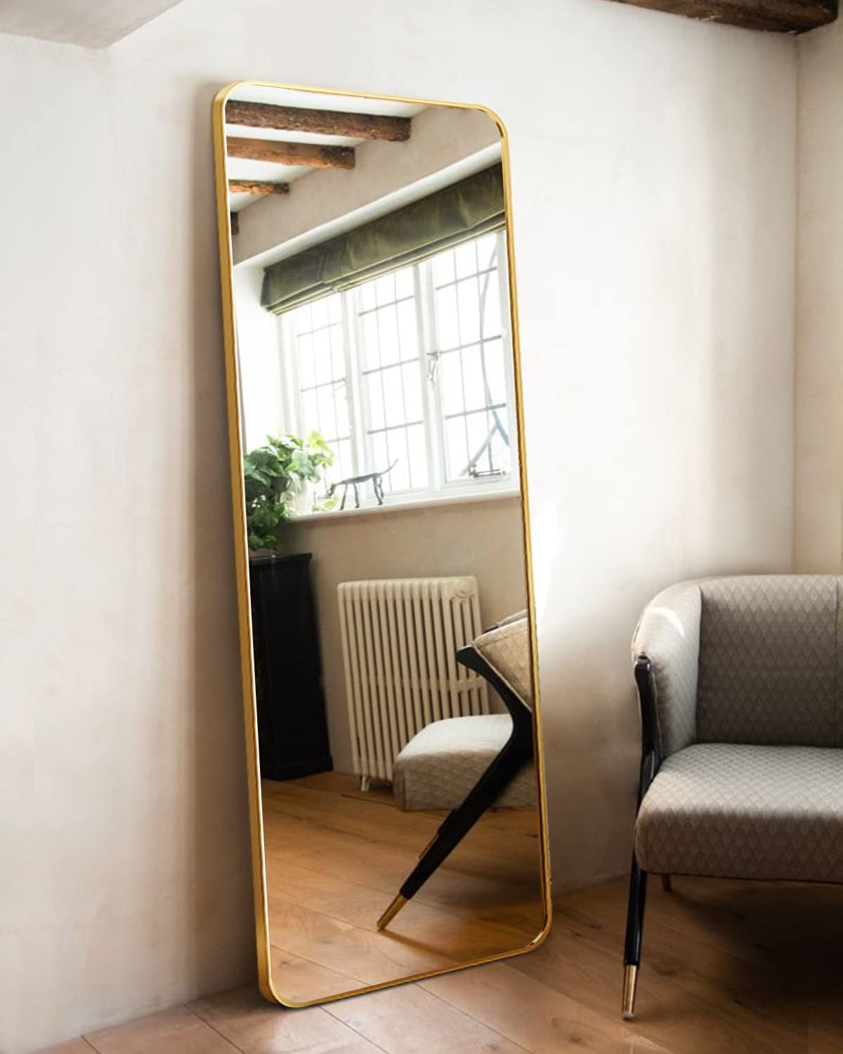 OGCAU Full Length Mirror Standing Floor Mirror with Stand for Bedroom, Wall-Mounted Mirror Standing Hanging or Leaning, Wall Mirror with Aluminum Alloy Frame, 65" X 22" (Gold)