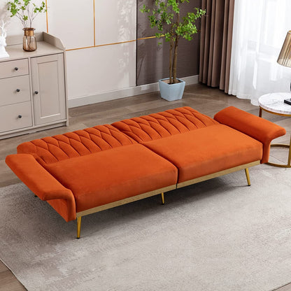 Orange Velvet Convertible Sofa Bed with Metal Legs