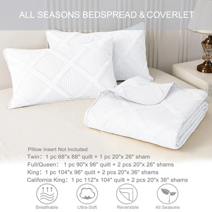 Ultrasonic King Quilt Set, 3-Piece Lightweight Bedspreads Modern Striped Coverlet, White
