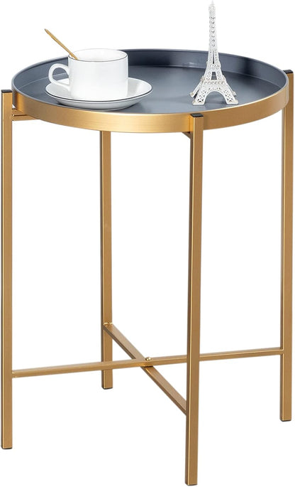Hollyhome Small round Metal Tray End Table, (D) 14.96" X(H) 18.5", Accent Indoor&Outdoor Sofa Side Tea Table/Nightstand, Weather Resistant Coffee Table for Living Room, Balcony, Patio, Gold&Grey