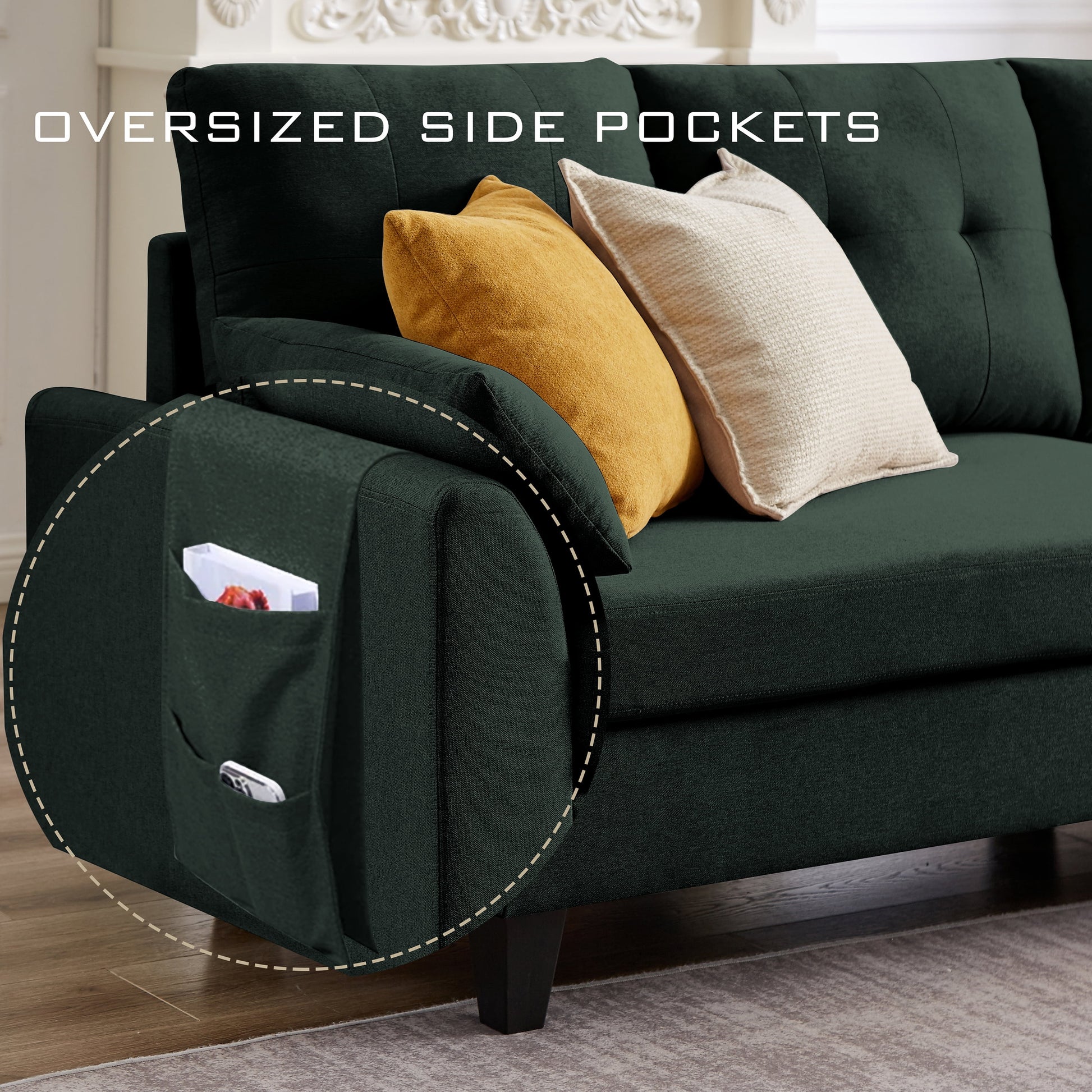 Versatile 4-Seat L-Shaped Sectional Sofa with Reversible Storage Ottoman & Side Pockets – Perfect for Living Room, Office, or Apartment Green