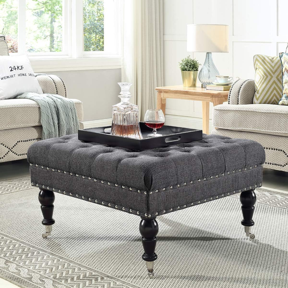 Charcoal Gray Tufted Ottoman with Rolling Wheels
