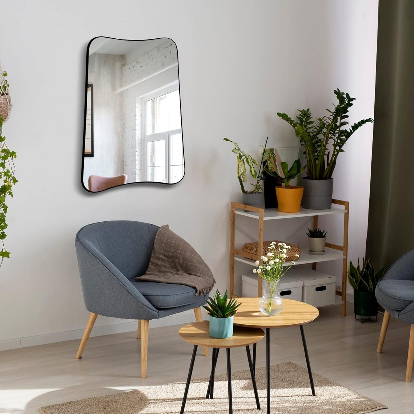 Elegant 36X24 Asymmetric Irregular Wall Mirror with Wooden Frame -