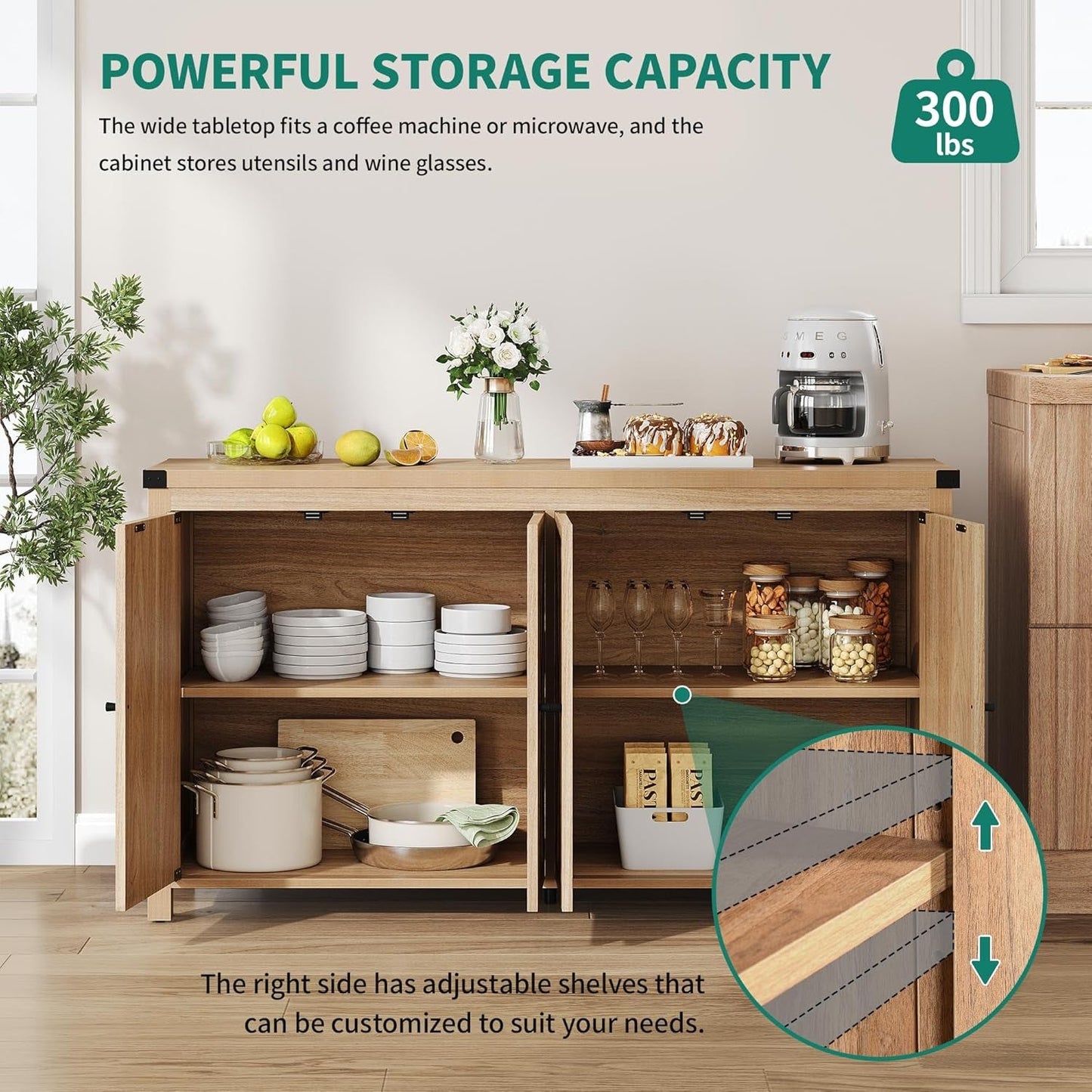 Farmhouse Sideboard Buffet Cabinet with Storage with 4 Doors, 55''