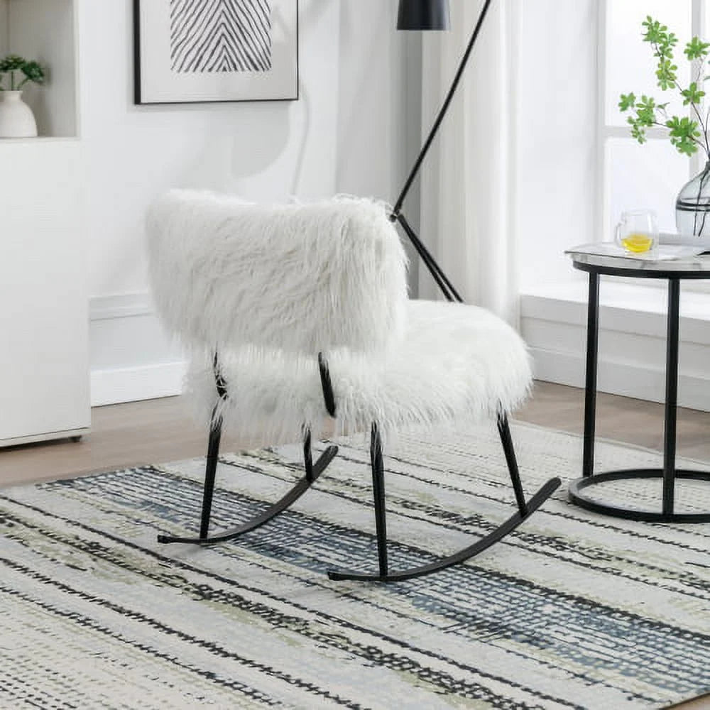 Wide Faux Fur Plush Nursery Rocking Chair, Baby Nursing Chair with Metal Rocker, Fluffy Upholstered Glider Chair, Comfy Mid Century Modern Chair for Living Room